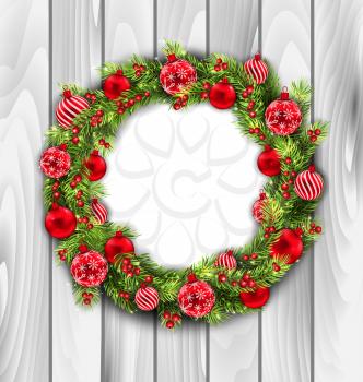 Illustration Christmas Wreath with Balls, New Year and Christmas Decoration, on Wooden  Background - Vector