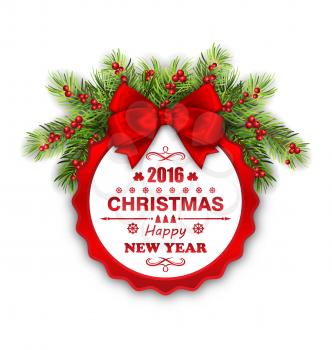 Illustration Round Banner with Red Ribbon and Bow for Happy New Year 2016 and Merry Christmas. Greeting Card Template - Vector