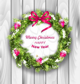Illustration Christmas Wreath with Balls, New Year and Christmas Decoration, Wooden Background - Vector