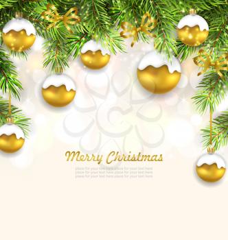 Illustration Natural Christmas Background with Fir Twigs and Glass Balls, Holiday Wallpaper - Vector