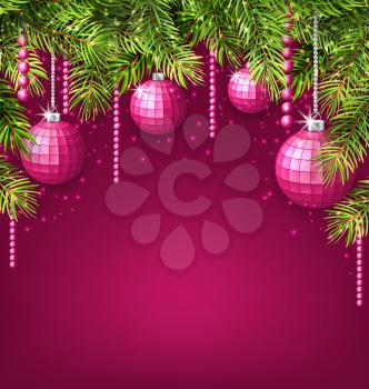 Illustration Pink Wallpaper with Fir Twigs and Glassy Balls for Happy Winter Holidays - Vector