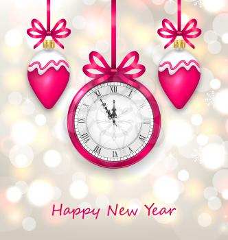 Illustration New Year Midnight Glowing Background with Clock and Christmas Balls - Vector