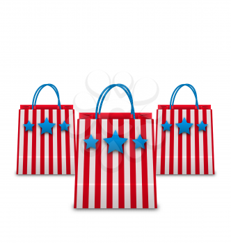 Illustration Shopping Bags in American Patriotic Colors. Packets Isolated on White Background - Vector