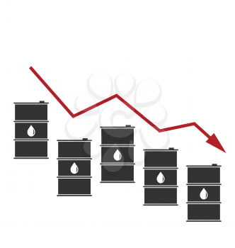 Illustration Concept of Oil Prices Fall, Black Barrels and Graph Down - Vector