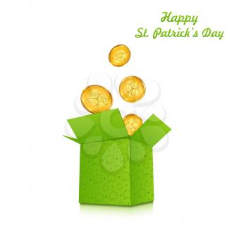 Illustration open cardboard box with golden coins for St. Patrick's Day, isolated on white background - vector