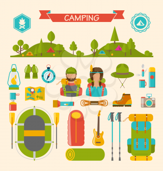 Illustration Set of Camping and Hiking Equipment, Outdoors Adventure, Recreation Tourism, Colorful Symbols and Flat Icons Isolated - Vector