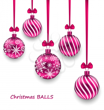 Illustration Christmas Card with Pink Glassy Balls with Bow Ribbon, Isolated on White Background - Vector