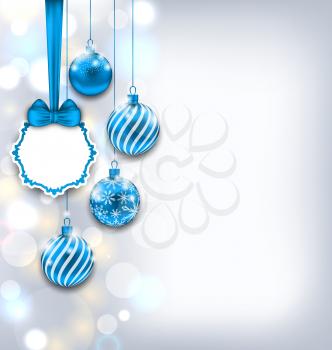 Illustration Illuminated Background with Celebration Card and Glass Balls for Merry Christmas - Vector