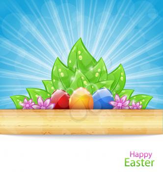 Illustration Easter Background with Eggs, Leaves, Flowers - Vector