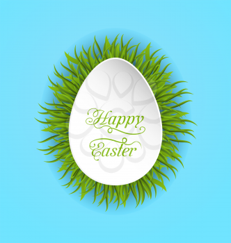 Illustration Happy Easter Paper Card in Form Egg with Green Grass - Vector