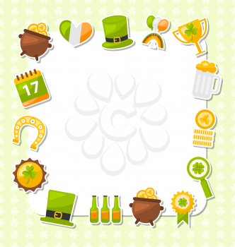 Illustration Celebration Card with Traditional Symbols for St. Patricks Day, Collection Colorful Icons in Flat Style - Vector