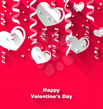 Illustration background for Valentine's Day with paper hearts, streamer, trendy flat style - vector