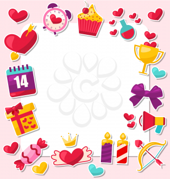 Illustration Greeting Card for Valentine's Day. Place for Your Text. Flat Valentine Icons, Heart with Crown, Gift Box, Candles, Sweet Cupcake - Vector