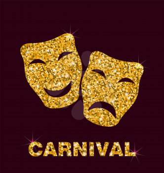 Illustration Gold Glittering Carnival Theater Mask on Dark Background - Vector