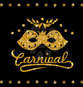 Illustration Shimmering Carnival Mask with Golden Dust on Dark Background. Template for Poster, Card, Invitation for Carnival Party - Vector