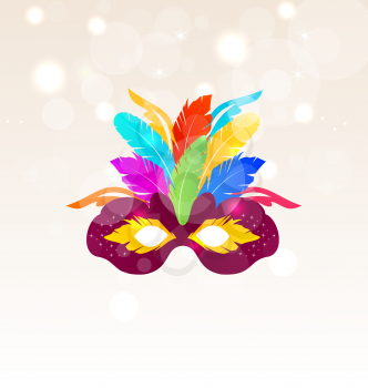 Illustration Colorful Carnival Mask with Feathers on Glowing Background, Copy Space for Your Text - Vector