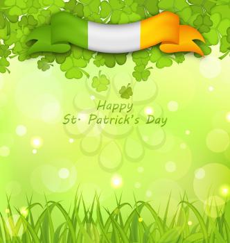 Illustration Glowing Nature Background with Clovers, Grass and Irish Flag for St. Patricks Day - Vector