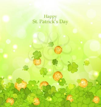 Illustration light background with clovers and coins for St. Patrick's Day - vector