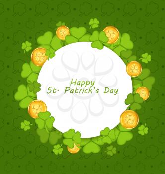 Illustration celebration card with shamrocks and golden coins for St. Patrick's Day - vector