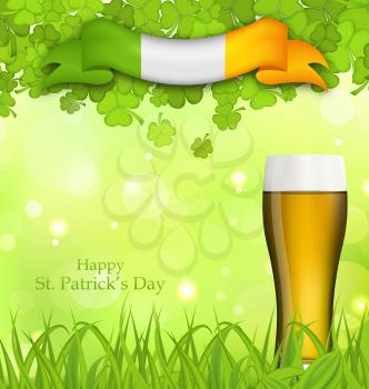 Illustration glowing nature background with glass of beer, clovers, grass and Irish flag for St. Patrick's Day - vector