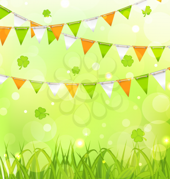 Illustration Holiday Background with Bunting Pennants in Irish Colors and Clovers for St. Patrick's Day - Vector