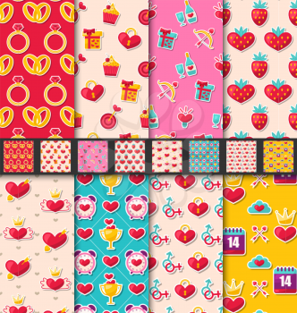 Illustration Set Seamless Patterns with Colorful Traditional Objects and Elements for Valentines Day. Collection Holiday Bright Backgrounds - Vector