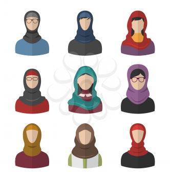 Illustration Set Arabic Women, Heads and Headscarf, Portraits, Traditional Clothing in Arab Countries, Flat Icons - Vector
