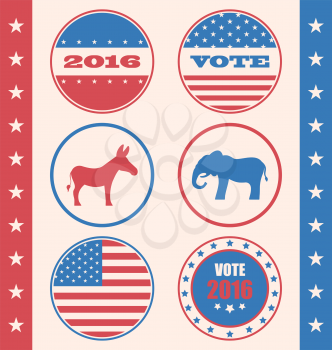Illustration Retro Style of Button for Vote or Voting Campaign Election. Set Vintage Badge with Symbols of United States Political Parties - Vector