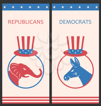 Illustration Brochures for Advertise of United States Political Parties. Flyers with Donkey and Elephant. Old Style Design - Vector