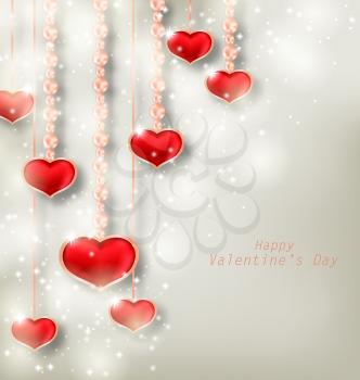 Illustration Glowing Background with Hanging Hearts for Valentine Day. Beautiful Celebration Card - Vector