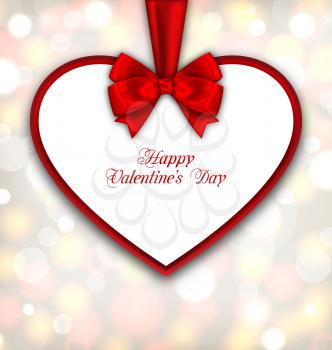 Illustration Celebration Card in form Heart with Ribbon Valentines Day, Glowing Background - Vector