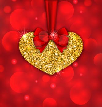 Illustration Shimmering Golden Heart with Red Ribbon and Bow for Happy Valentines Day, on Glow Background - Vector
