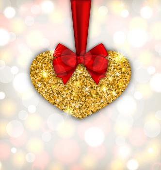 Illustration Shimmering Golden Heart with Red Silk Ribbon and Bow for Happy Valentines Day, on Light Background - Vector