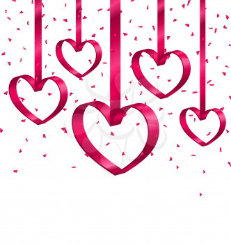 Illustration Beautiful Background with Ribbon Hearts and Tinsel for Happy Valentines Day Isolated on White - Vector