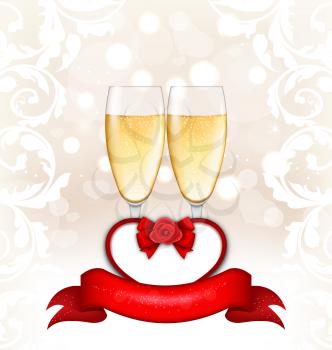 Illustration Happy Valentines Day Glowing Background with Wineglasses of Champagne and Postcard with Flower Rose - Vector