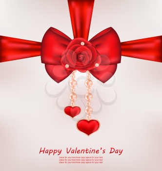 Illustration Greeting Card with Red Bow, Rose, Heart, Pearls for Valentines Day - vector