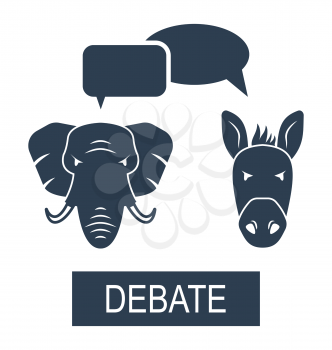 Illustration Concept of Debate Republicans and Democrats. Donkey and Elephant as a Symbols Vote of USA - Vector