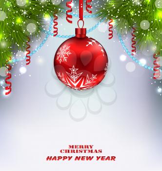 Illustration Traditional Decoration with Fir Branches and Glass Ball for Merry Christmas and Happy New Year - Vector