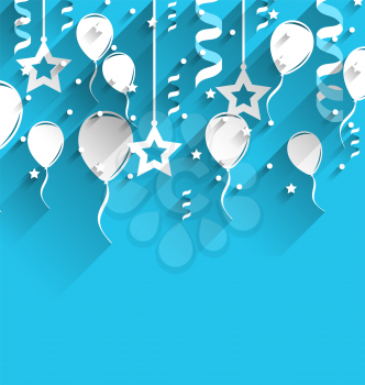 Illustration Birthday Background with Balloons, Stars and Confetti, Trendy Flat Style with Long Shadows - Vector