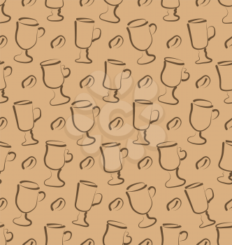Illustration Seamless Pattern with Set Cup of Coffee Drinks and Beans. Contains Coffee, Latte, Mocha, Cappuccino and Others. Hand Drawn Style Background - Vector