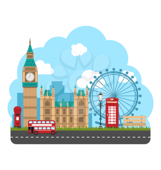 Illustration Design Poster for Travel of England. Urban Background. Concept of Travel and Tourism Banner. Famous Landmarks - Vector