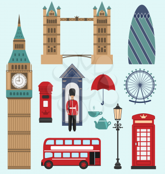 Illustration London,United Kingdom Flat Icons. Collection of England Colorful Symbols. Group of Travel Icons - Vector