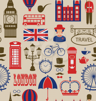 Illustration Old Seamless Texture of Silhouettes Symbols of Great Britain, Big Ben, Queen, Queen's Guard, Crown, Wheel, Bus, Telephone Box, Post Box, Umbrella. Vintage Wallpaper - Vector