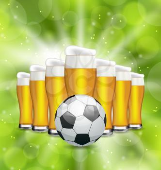 Illustration Football Poster with Glasses of Beer and Soccer Ball. Glowing Sport Background - Vector