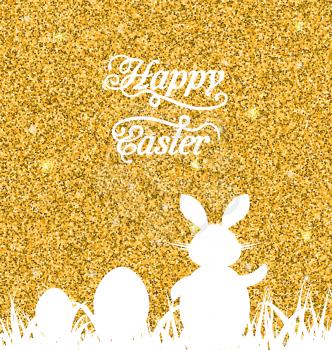 Illustration Abstract Easter Sparkle Background with Rabbit, Eggs, Grass. Celebration Luxury Card or Invitation. Happy Easter Lettering - Vector