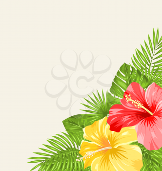 Illustration Vintage Background with Colorful Hibiscus Flowers. Copy Space for Your Text - Vector