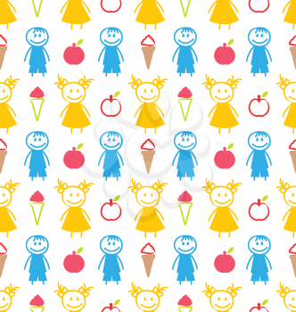 Illustration Seamless Background with Smiling Kids with Ice Cream, Apples. Funny Colorful Pattern - Vector