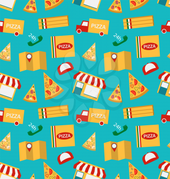 Illustration Seamless Pattern with Slices of Pizza and Colorful Icons Service of Delivery of Pizza - Vector