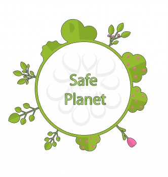 Drawing doodle frame in form circle green earth on surface tree, plant, flower and bush intro cry text safe planet - vector