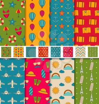 Illustration Collection Colorful Seamless Wallpapers or Backgrounds Travel, Summer, Vacation, Famous Places - Vector